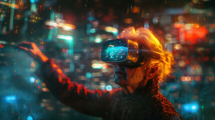 Senior woman wearing virtual reality headset in abstract space