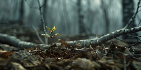 New life emerging from the forest floor in muted colors with a painterly quality