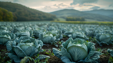 a field of cabbages with mountains in the background - obrazy, fototapety, plakaty