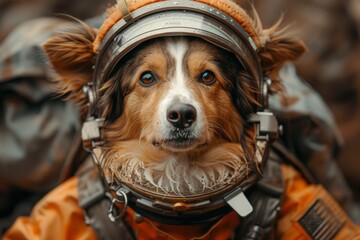 Dog in space suit and helmet