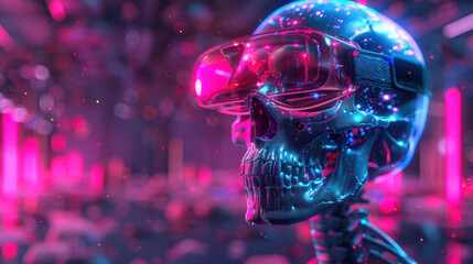 Cyborg skull wearing VR headset