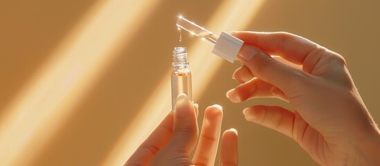 Woman's hand holding an eyedropper filled with cosmetic serum on a light brown background, in sunlight. Close-up. Body care concept