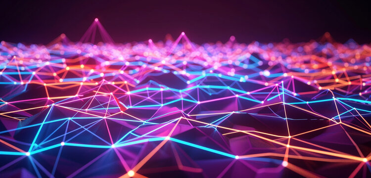 A glowing grid of neon lines and low poly peaks, mapping the pathways of future information flow