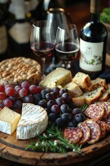 Assorted cheeses and meats on wooden platter