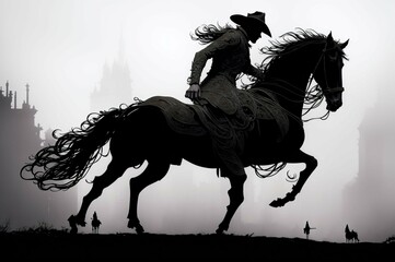 A man is riding a horse in a foggy, dark setting