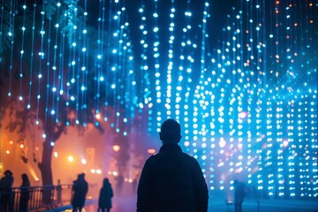 City lights at night in blue and orange colors, a man is watching them, street photography.