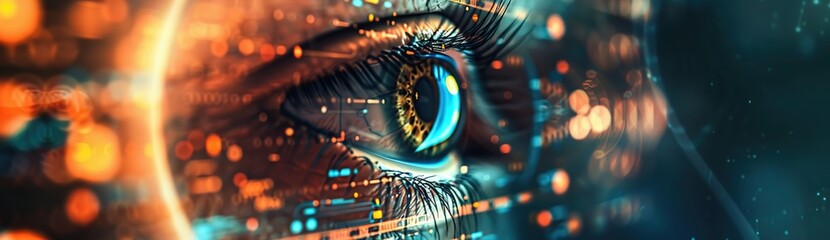 Digital technology and data visualization concept with a close up of an eye on a futuristic hologram screen background