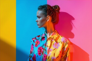 Youngster in yellow and blue floral shirt posing against split yellow and pink background