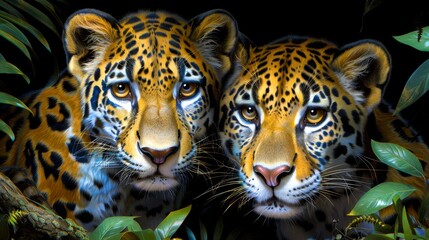 Fototapeta premium A pair of jaguars in the jungle at night