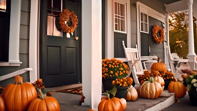 Autumn Porch Decorated With Pumpkins and Flowers Generative AI