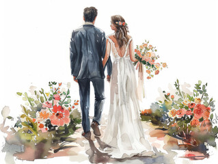 Delicato acquerello raffigurante una coppia abbracciata tra fiori in fiore, coppia di sposi, amore e matrimonio, spazio per testo sfondo bianco scontornabile