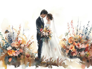 Delicato acquerello raffigurante una coppia abbracciata tra fiori in fiore, coppia di sposi, amore e matrimonio, spazio per testo sfondo bianco scontornabile