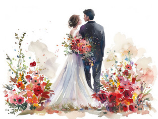 Delicato acquerello raffigurante una coppia abbracciata tra fiori in fiore, coppia di sposi, amore e matrimonio