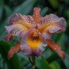 A flower with a yellow center and purple petals is covered in raindrops. The droplets are scattered all over the flower, giving it a fresh and lively appearance