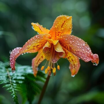 A flower with droplets of water on it. The flower is orange and yellow
