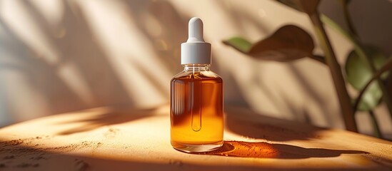 Serum in a glass bottle with a white dropper cap on a brown background in sunlight. Unmarked transparent container. Mock-up of cosmetic products for skincare
