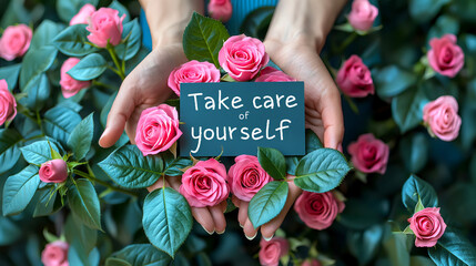 Hands with sign TAKE CARE OF YOURSELF among beautiful array of pink roses, symbolizing self-love and care - 791011690