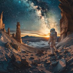 A man in a spacesuit stands in front of a mountain range. The sky is filled with stars and the sun...