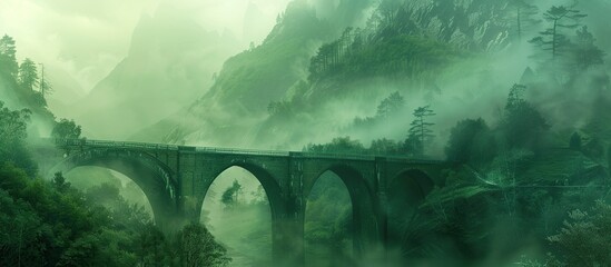 A long bridge in the mountains, with a green color scheme and misty atmosphere, in the style of a fantasy world