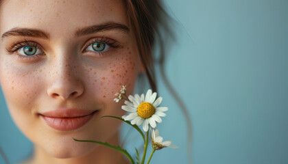 Beautiful girl with chamomile flower, natural cosmetics concept