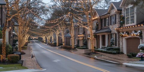 Fototapeta na wymiar Enchanting Street Aglow: Houses Illuminated With Christmas Lights