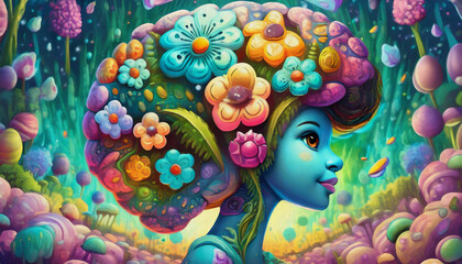Fototapeta na wymiar oil painting style cartoon character Multicolored human brain of colored flowers concept heads