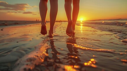 Low-angle view of female feet walking on the beach at sunset