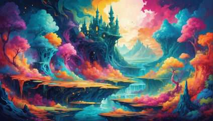 Vibrant Fantasy Illustration with Abstract Painting