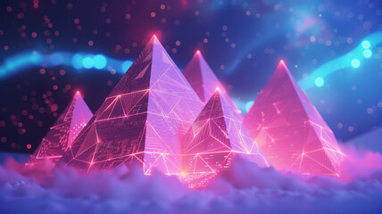 Glowing low poly pyramids under a neon sky, representing the ancient future of networked civilizations - obrazy, fototapety, plakaty