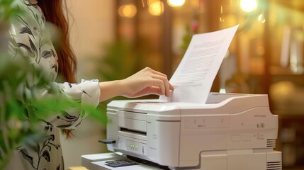 Office worker prints document or paper work on laser printer in office. Print technology concept. - obrazy, fototapety, plakaty