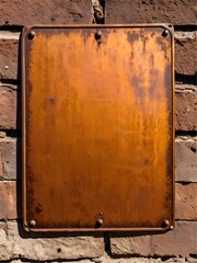 A rusty metal plate attached to a brick wall.