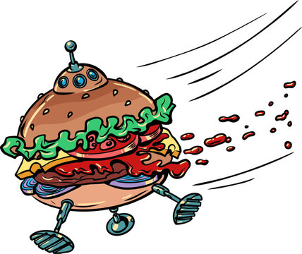 The burger flying machine flies at high speed. Fast food delivery quickly and efficiently. International coverage of a fast food establishment with delicious food.