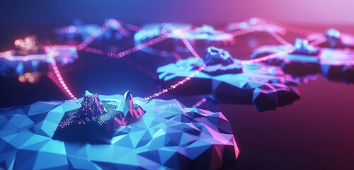 Low poly islands floating in a neon cosmos, each connected by light bridges of data, showcasing the unity of communication in a fragmented digital universe - obrazy, fototapety, plakaty