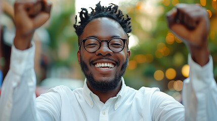 Joyful young Black man with glasses and dreadlocks celebrating, outdoors with blurred background