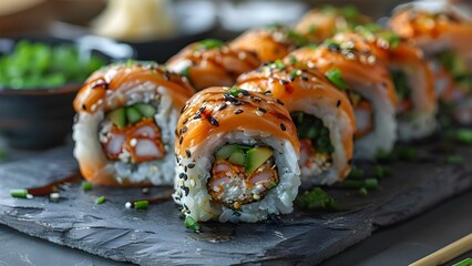 Sushi Burrito is a large sushi roll eaten like a burrito. Concept Sushi Burrito, Fusion Food, Japanese Cuisine, Innovative Eats - obrazy, fototapety, plakaty