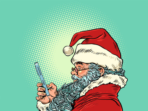 Santa Claus is using the phone. Seasonal offers and New Year's promotions. Delivery of gifts all over the world during Christmas.