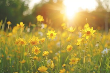 Fototapeta premium Green field grass lawn beautiful garden summer sunlight nature beauty yard cottage outdoors trees spring field relaxation flowers blooming fresh leaves