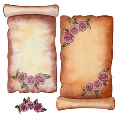 Two watercolor blank sheets of vintage parchment paper with a half erased image of antique Victorian roses for invitations, letters scrapbooking, antique shop labels, menus, backgrounds, book day card
