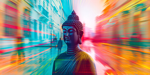 Buddha statue against a blurred urban backdrop, the motion blur symbolizes the bustling world...