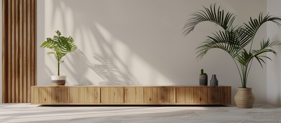 Mockup of a wooden TV cabinet interior wall in a living room setting, featuring a small tropical plant and empty space at the center of the picture to showcase the product.