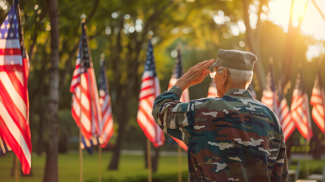 Portrait of American Senior Veteran in uniform saluting to American flags in sunset. Aged American soldier.