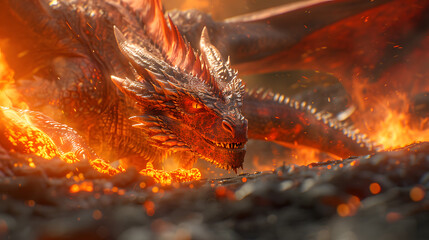 Red giant dragon breathing fire on dark background. Mythology creature portrait. Fantasy art