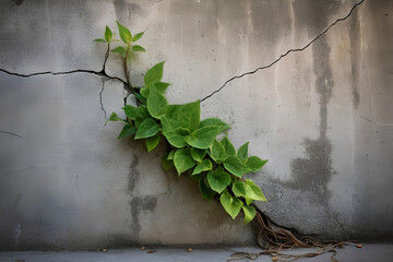 Nature's Triumph: Green Plant Breaking Through Solid Stone Wall, Symbolizing Strength, Resilience, and the Power of Growth