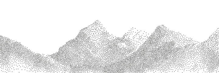 Grayscale vector halftone dots background with a fading dot effect, resembling a abstract mountain landscape. Black noise dots, a sand grain effect, and grunge banner for an abstract, textured pattern