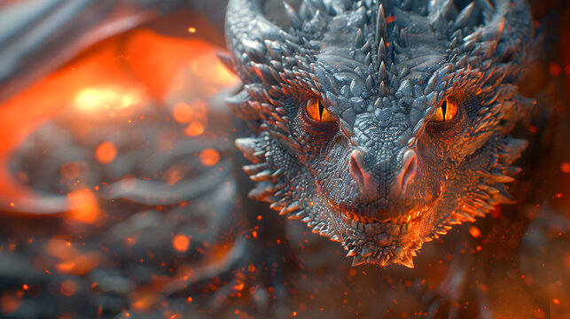 Red giant dragon breathing fire on dark background. Mythology creature portrait. Fantasy art