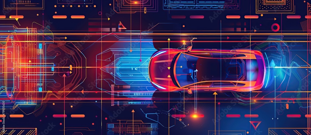 Poster Line image depicts a smart car in autonomous mode on city roads, featuring a HUD technology with graphic sensor radar signals.
