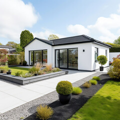 White family house with black pitched roof tiles, and beautiful landscaping front yard with green...