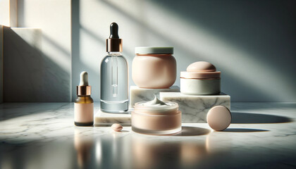 a minimalist aesthetic, featuring a curated selection of skincare products artfully arranged on a marble countertop