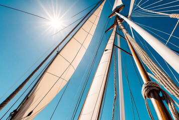 Mast of sailing yacht with ropes without sail at blue sky background. View from below mast boat against sky with cumulus clouds in sea. Transportation, cruise, sailing, yachting concept. Copy space