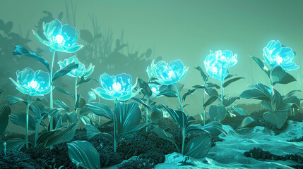 Fototapeta na wymiar A digital garden blooms in neon blue on a canvas of soft sage, futuristic flora sprouting in the soil of tomorrow's world.